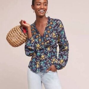 Anthropologie Floral Blouse - Blue and Yellow